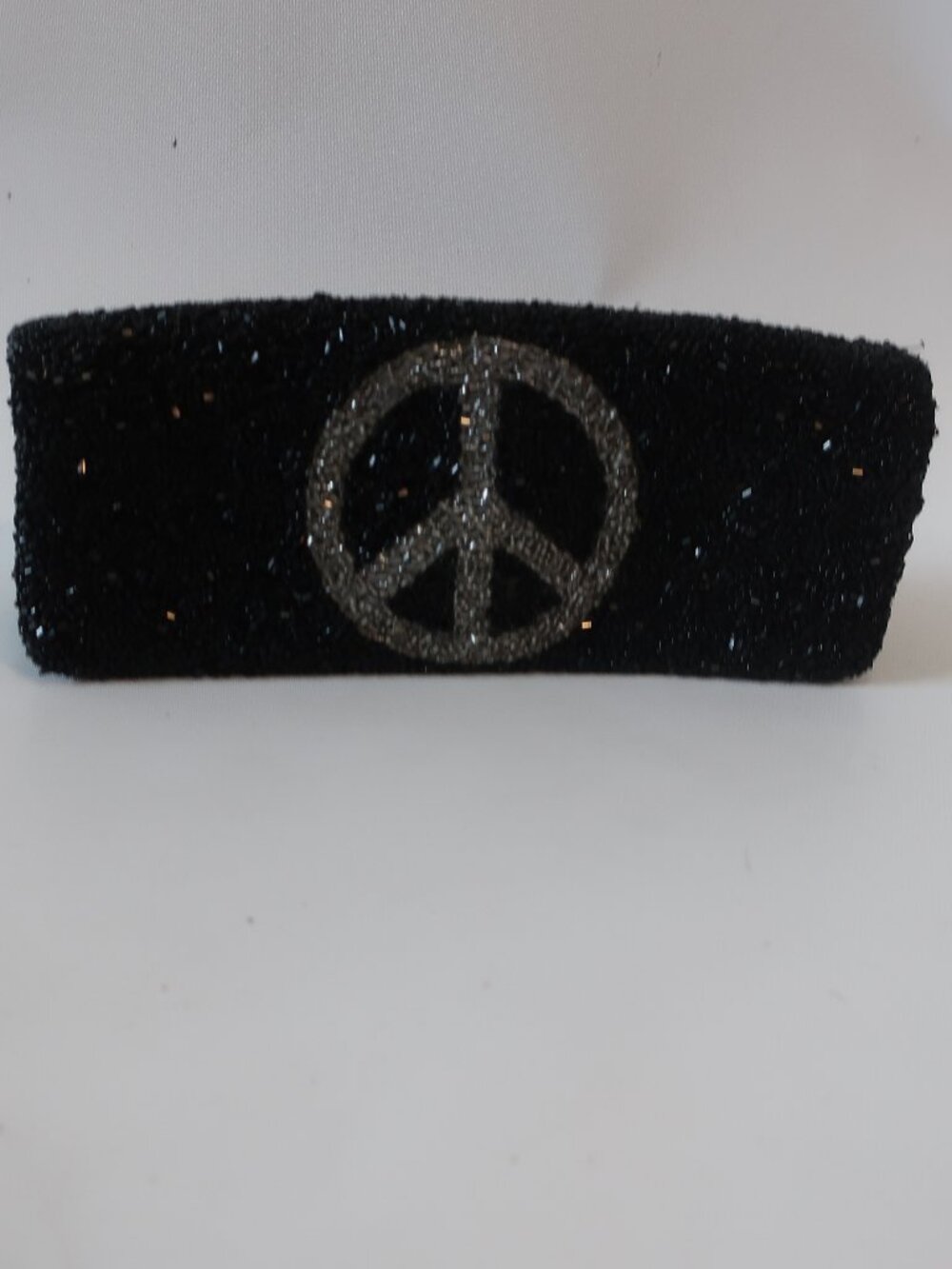 Womens Moyna Black Silver Peace Sign Beaded Clutch Handbag